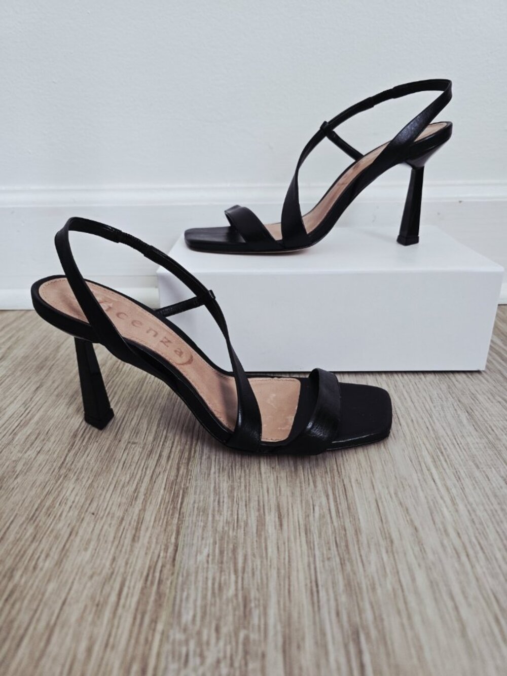 Vicenza Asymmetrical Strappy Heels Black Open Square Toe Slip On Leather Shoes 7